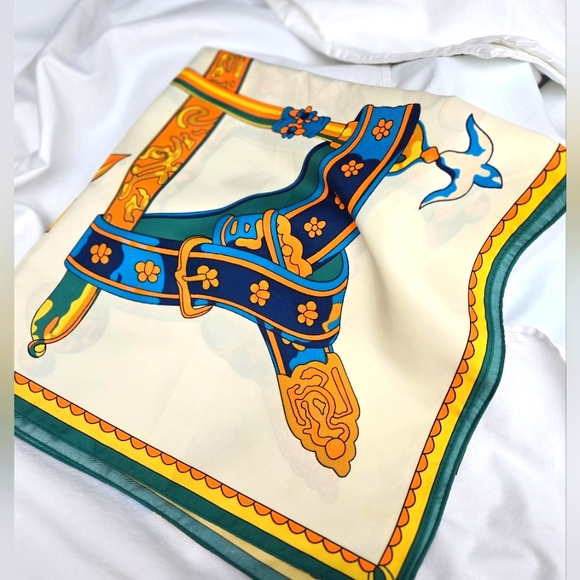 Unbranded Accessories - NWOT 100% SILK Scarf 'Flower Cart' Cream, Orange, Blue, Green 130cm Sq.